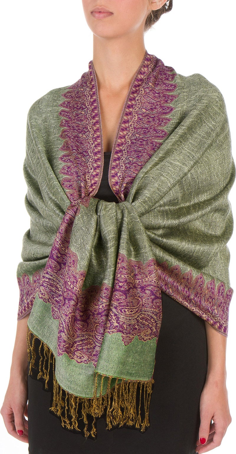 Sakkas Border Pattern Layered Reversible Woven Pashmina Shawl Scarf Wrap Stole - Green Purple - Image 1